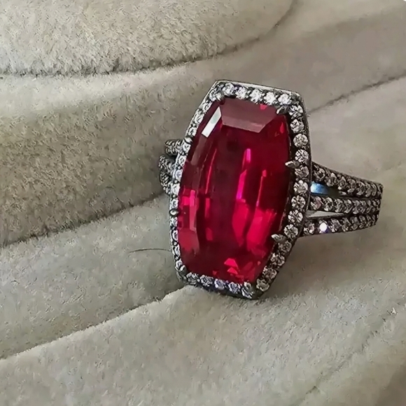 Jean Dousset Black Rhodium Sterling Silver Emerald Cut Red Crystal Ring 9 - Picture 1 of 8